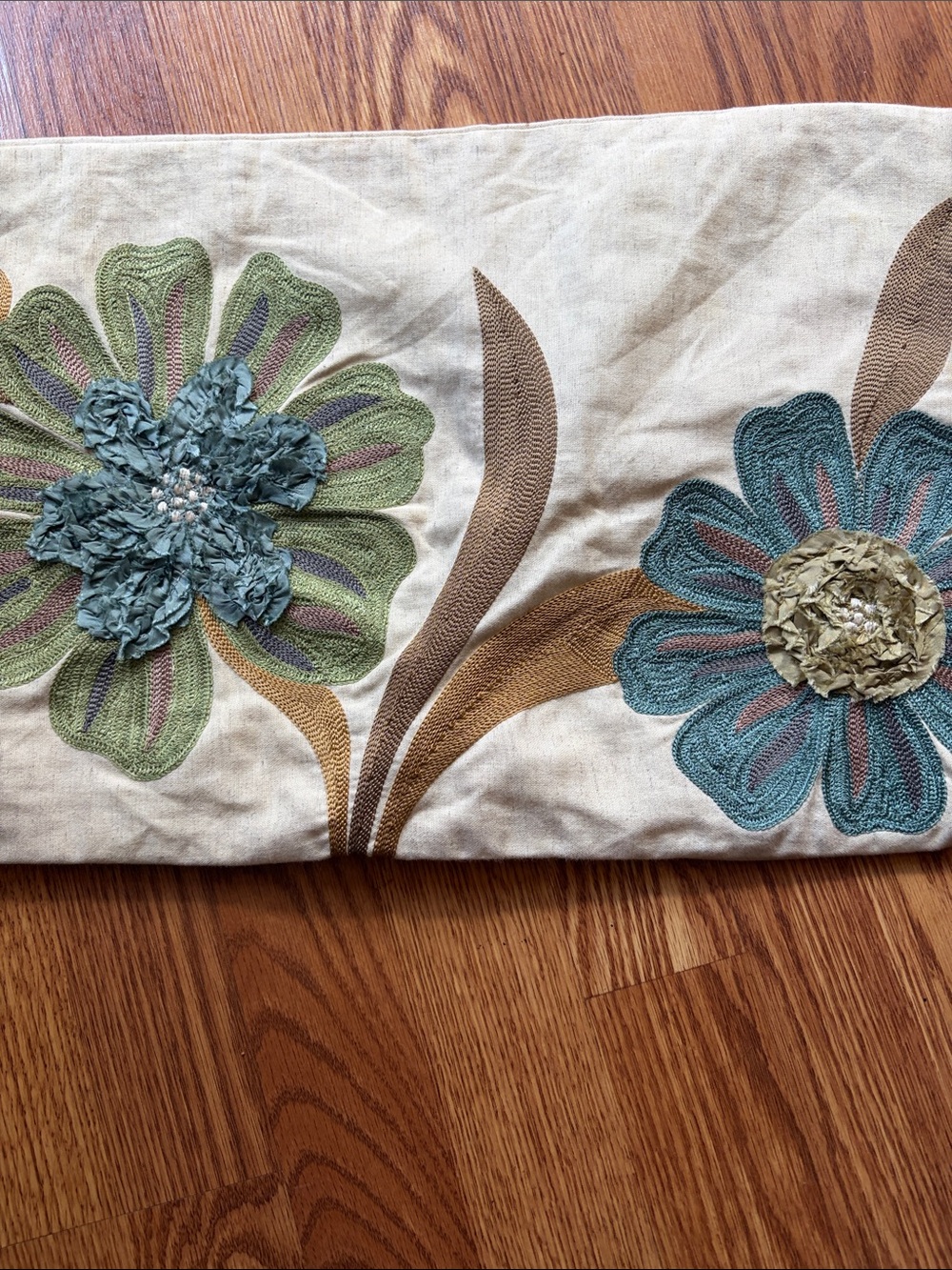 Pier 1 Floral Embroidered Pillow Cover in Cream, Green, Teal, and Brown